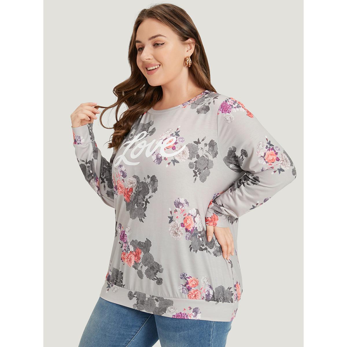 Plus Size Letter & Floral Print Crew Neck Sweatshirt Women Multicolor Elegant Printed Round Neck Dailywear Sweatshirts BloomChic 14-16/1X Product Image