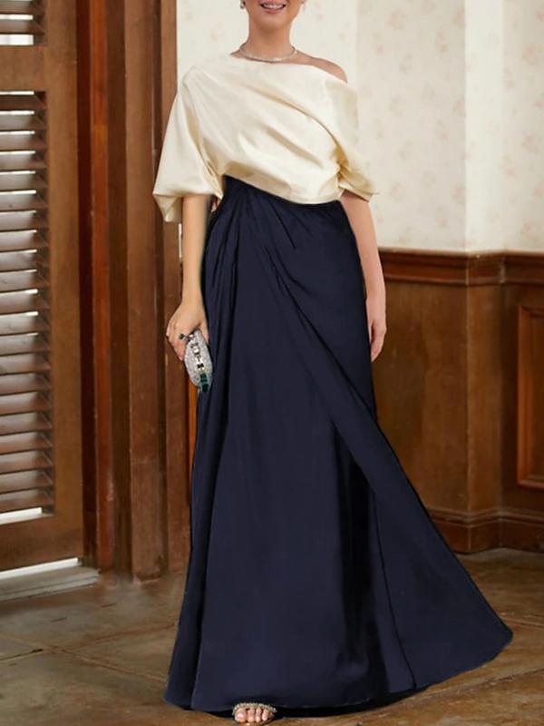 Half Sleeves Loose Asymmetric Contrast Color Pleated Split-Joint One-Shoulder Evening Dresses Maxi Dresses Product Image
