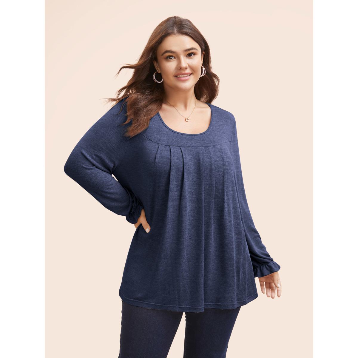 Plus Size Round Neck Heather Pleated T-shirt Indigo Women Elegant Pleated Round Neck Loose Everyday T-shirts BloomChic 12/L Product Image