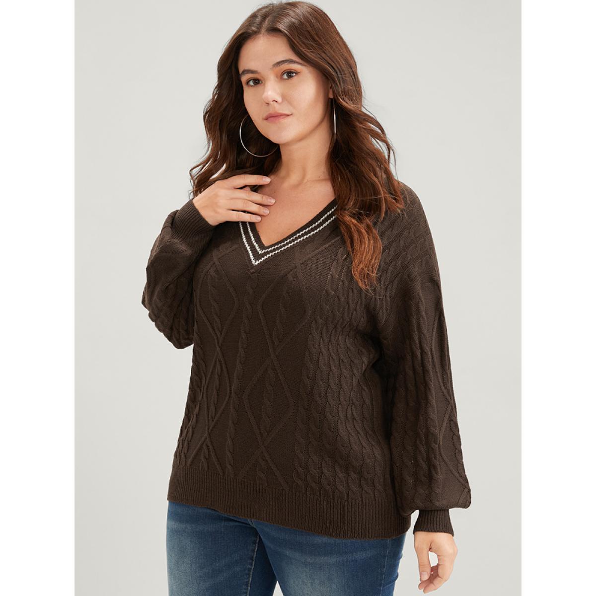 Plus Size Contrast Trim Pointelle Knit V Neck Lantern Sleeve Knit Top DarkBrown Women Elegant Long Sleeve V-neck Dailywear Pullovers BloomChic 28/5X Product Image