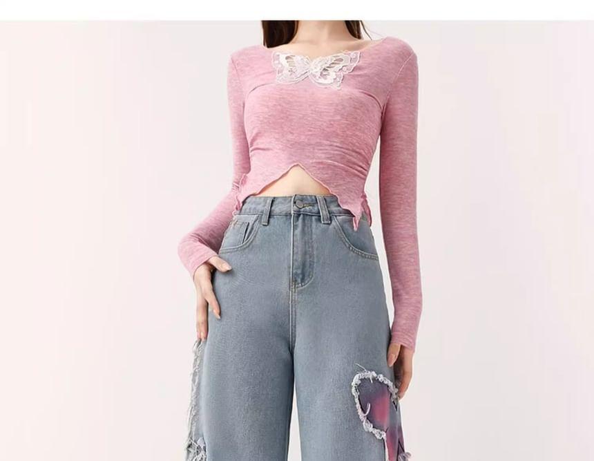 High Waist Washed Butterfly Wide Leg Jeans Product Image