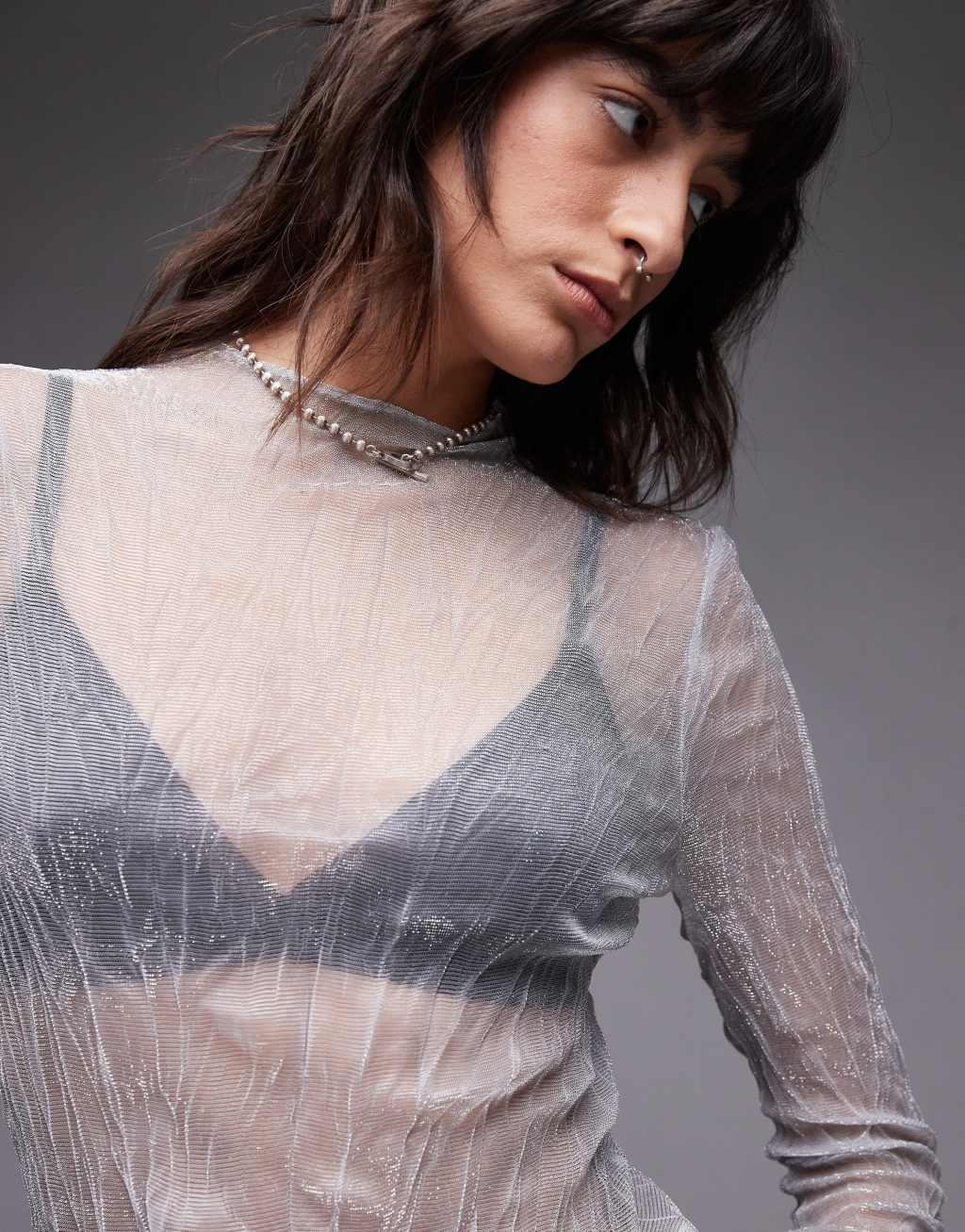 Topshop sheer crinkle long sleeve top in silver Product Image