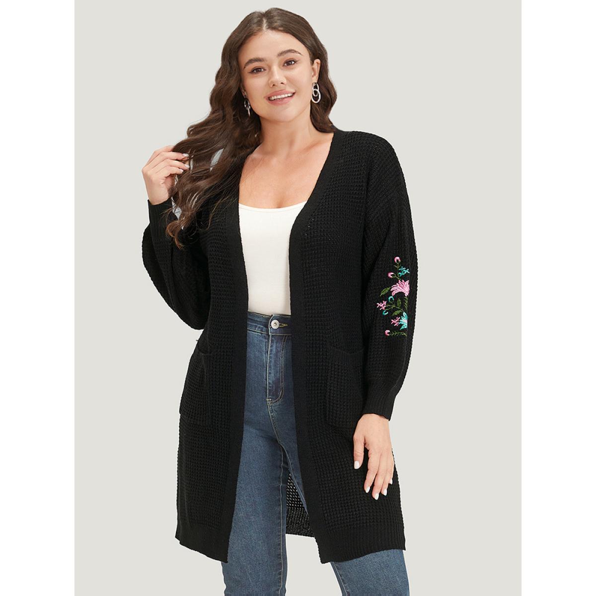 Plus Size Plants Embroidered Lantern Sleeve Open Front Cardigan Black Women Casual Loose Long Sleeve Dailywear Cardigans BloomChic 10/M Product Image