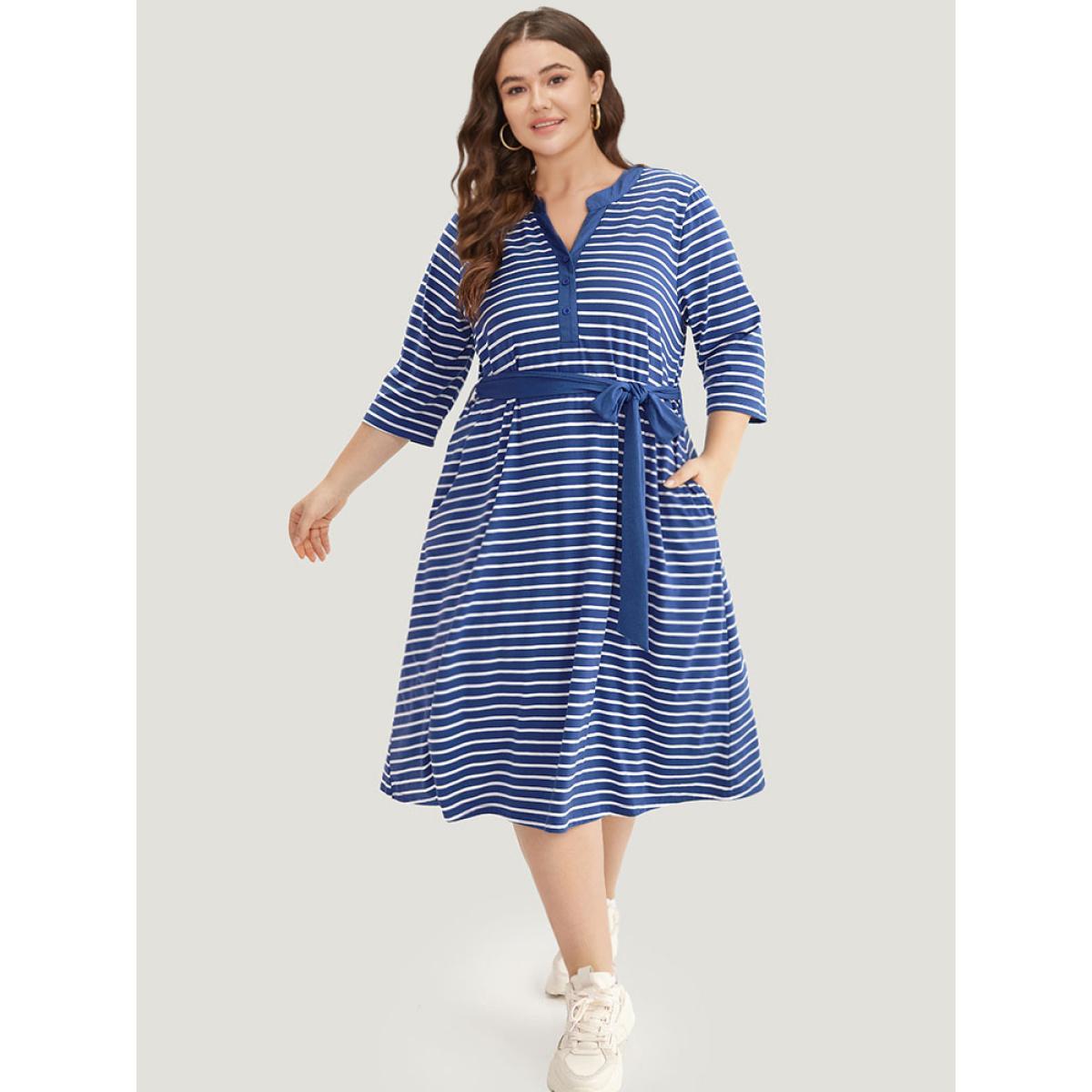 Plus Size Striped Belted Notched Dress Blue Women Casual Belted Notched collar Elbow-length sleeve Curvy Midi Dress BloomChic 12/L Product Image