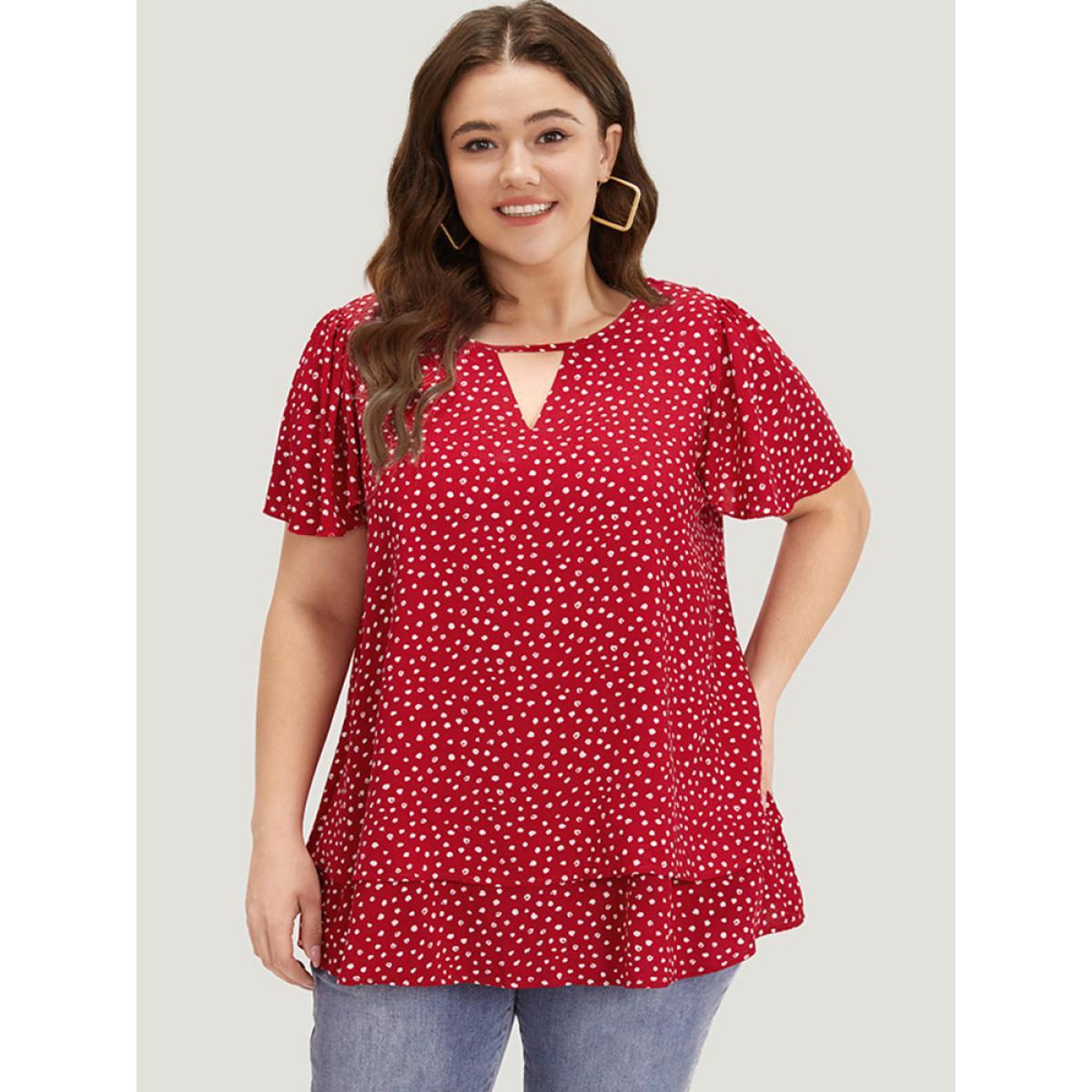 Plus Size Scarlet Polka Dot Keyhole Flutter Sleeve Layered Hem Blouse Women Elegant Short sleeve Keyhole Cut-Out Dailywear Blouses BloomChic 22-24/3X Product Image