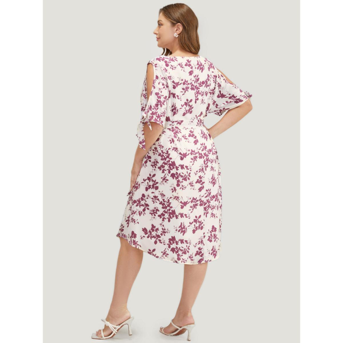 Plus Size Floral Cold Shoulder Pocket Belted Arc Hem Knotted Sleeve Dress Mauve Women Elegant Lined Cold Shoulder Short sleeve Curvy Midi Dress BloomChic 30/6X Product Image
