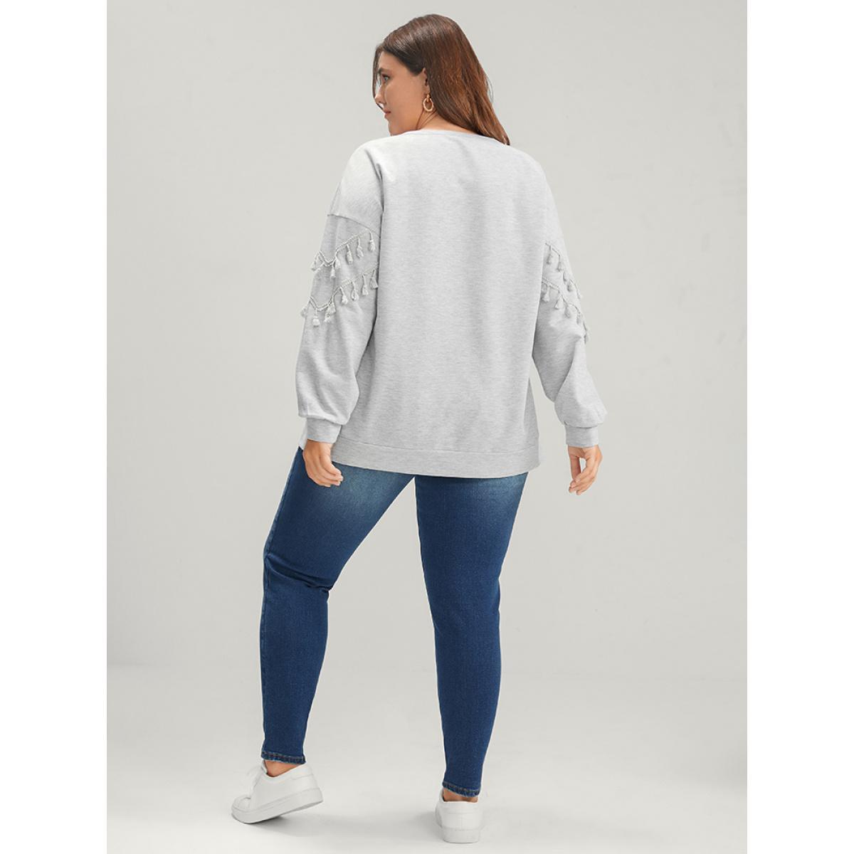 Plus Size Solid Round Neck Tassels Drop Shoulder Sweatshirt Women LightGray Casual Patchwork Round Neck Dailywear Sweatshirts BloomChic 12/L Product Image