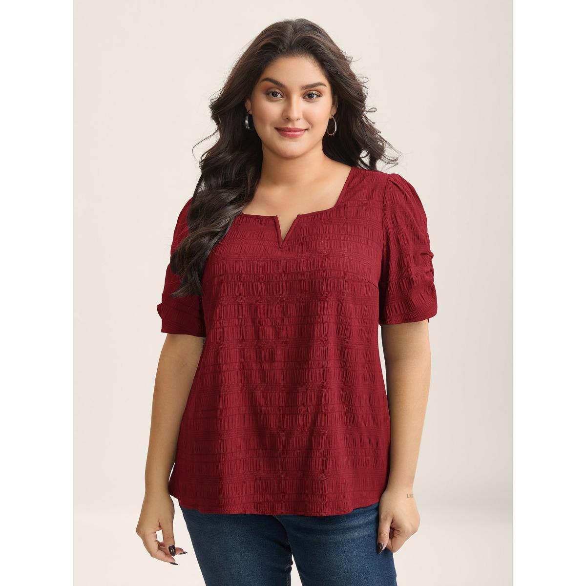 Plus Size DarkGreen Textured Gathered Sleeve Split Neck Blouse Women Short sleeve Asymmetrical Neck Work Blouses BloomChic 28/5X Product Image