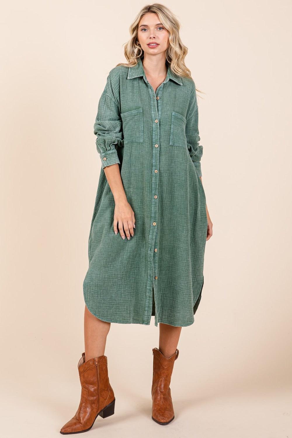 Mineral Wash Cotton Gauze Midi Shirt Dress Product Image