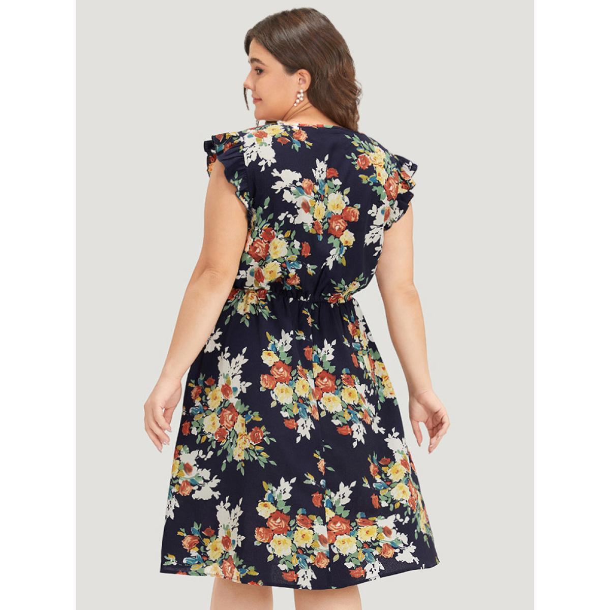 Plus Size Pixel Flower Print Ruffle Cap Sleeve Pocket Dress DarkBlue Women Elegant Elastic Waist V-neck Cap Sleeve Curvy Knee Dress BloomChic 26/4X Product Image