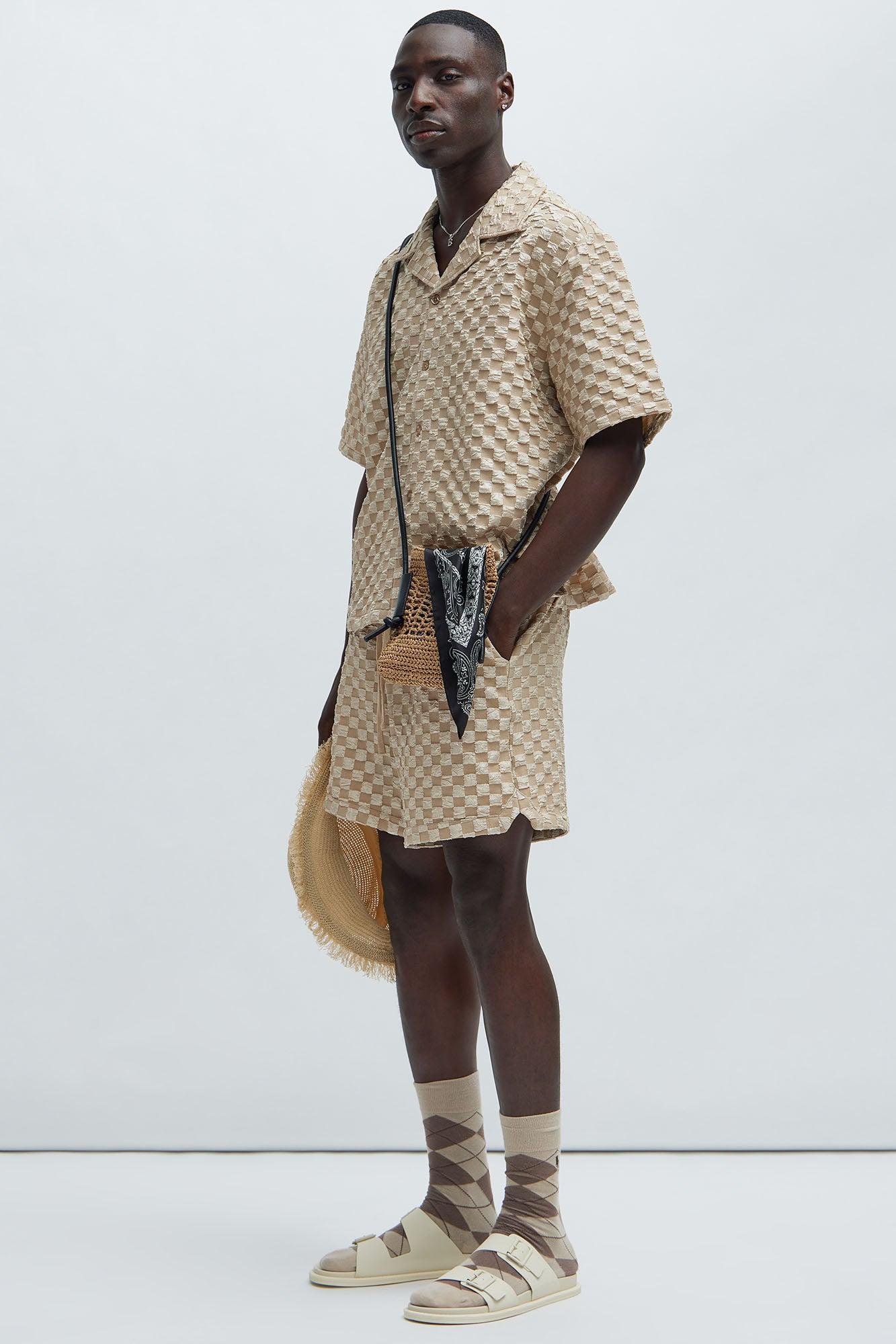 Crinkled Checkers Shorts - Tan Product Image