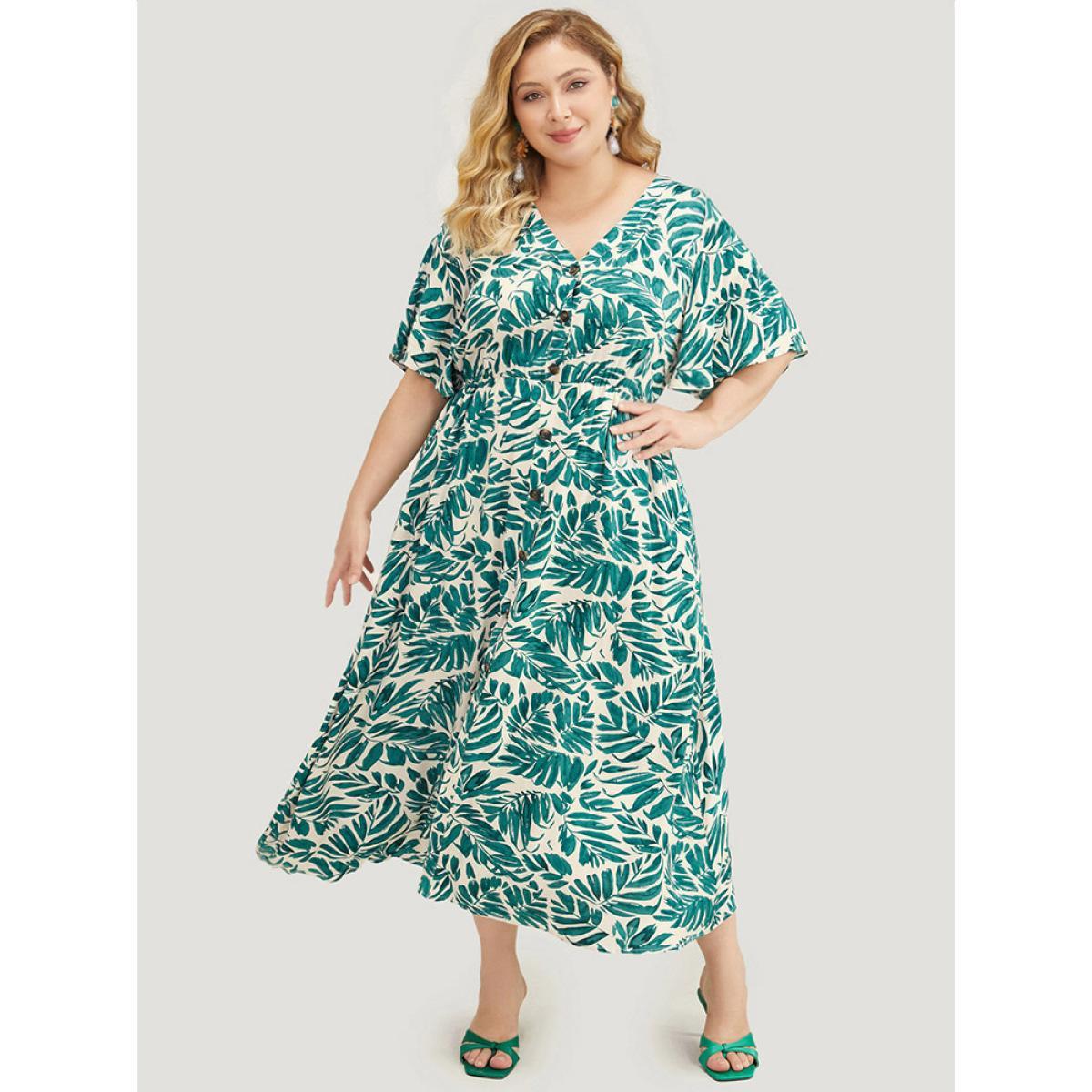 Plus Size Plant Print Flutter Sleeve Button Detail Pocket Dress Green Women Vacation Elastic Waist V-neck Short sleeve Curvy Midi Dress BloomChic 14-16/1X Product Image