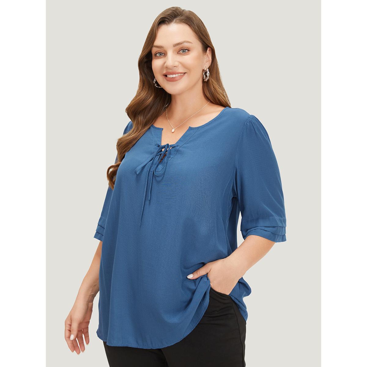 Plus Size Aegean Plain Knot Neck Half Sleeve Layered Blouse Women Office Half Sleeve Tie Neck Work Blouses BloomChic 18-20/2X Product Image