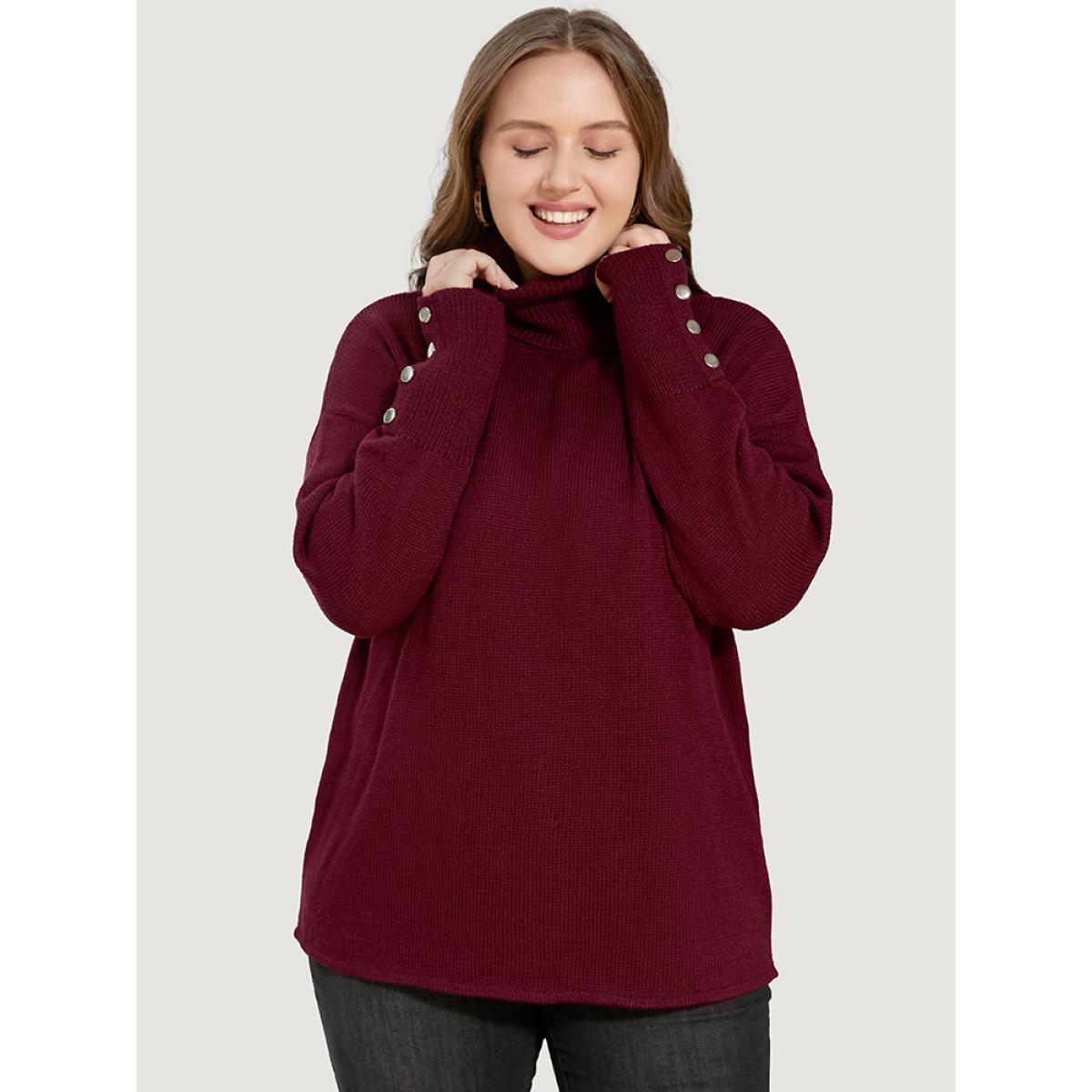Plus Size Solid Pointelle Knit Button Detail Funnel Neck Knit Top Scarlet Women Casual Loose Long Sleeve Turtleneck Dailywear Pullovers BloomChic 22-24/3X Product Image