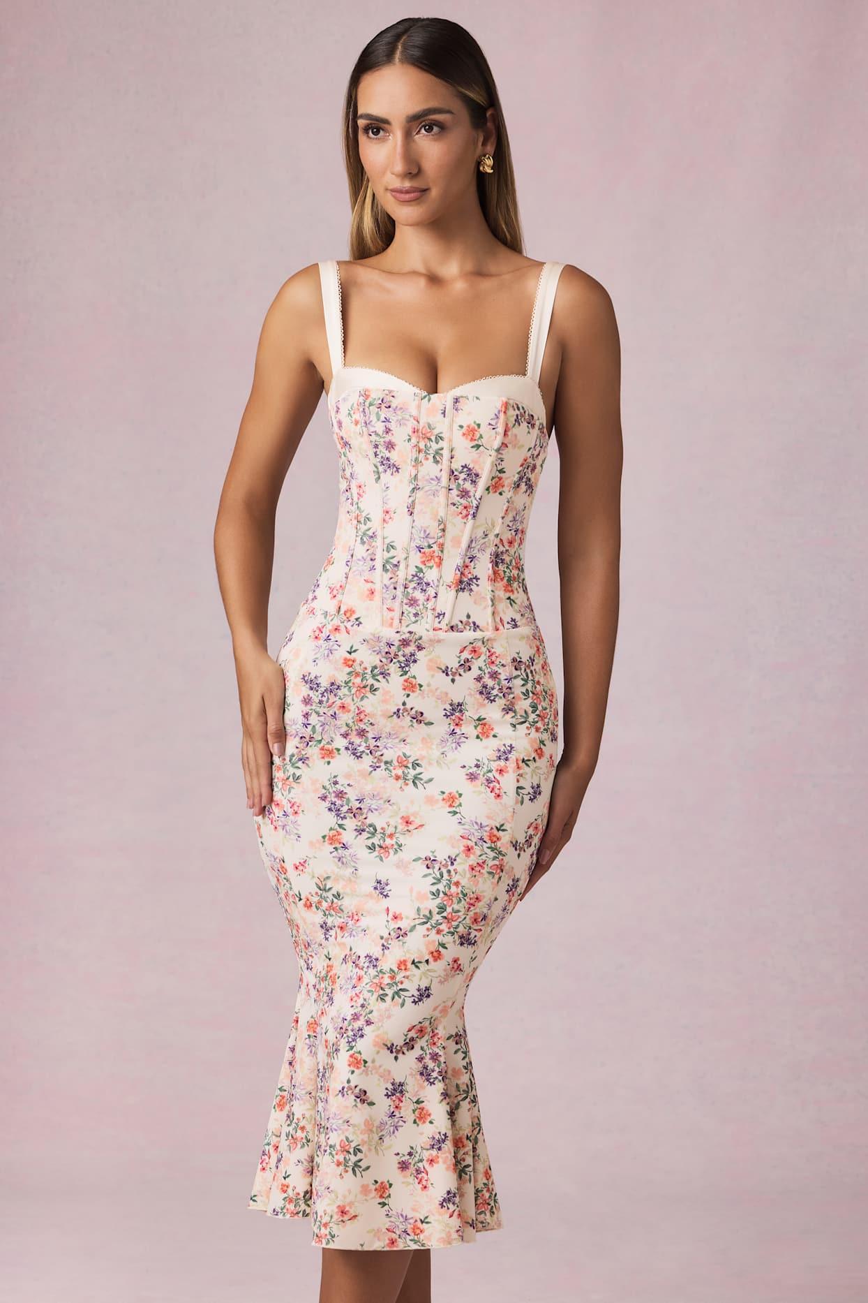 Layered Bra-Detail Fishtail Midaxi Dress in Primrose Floral Print Product Image