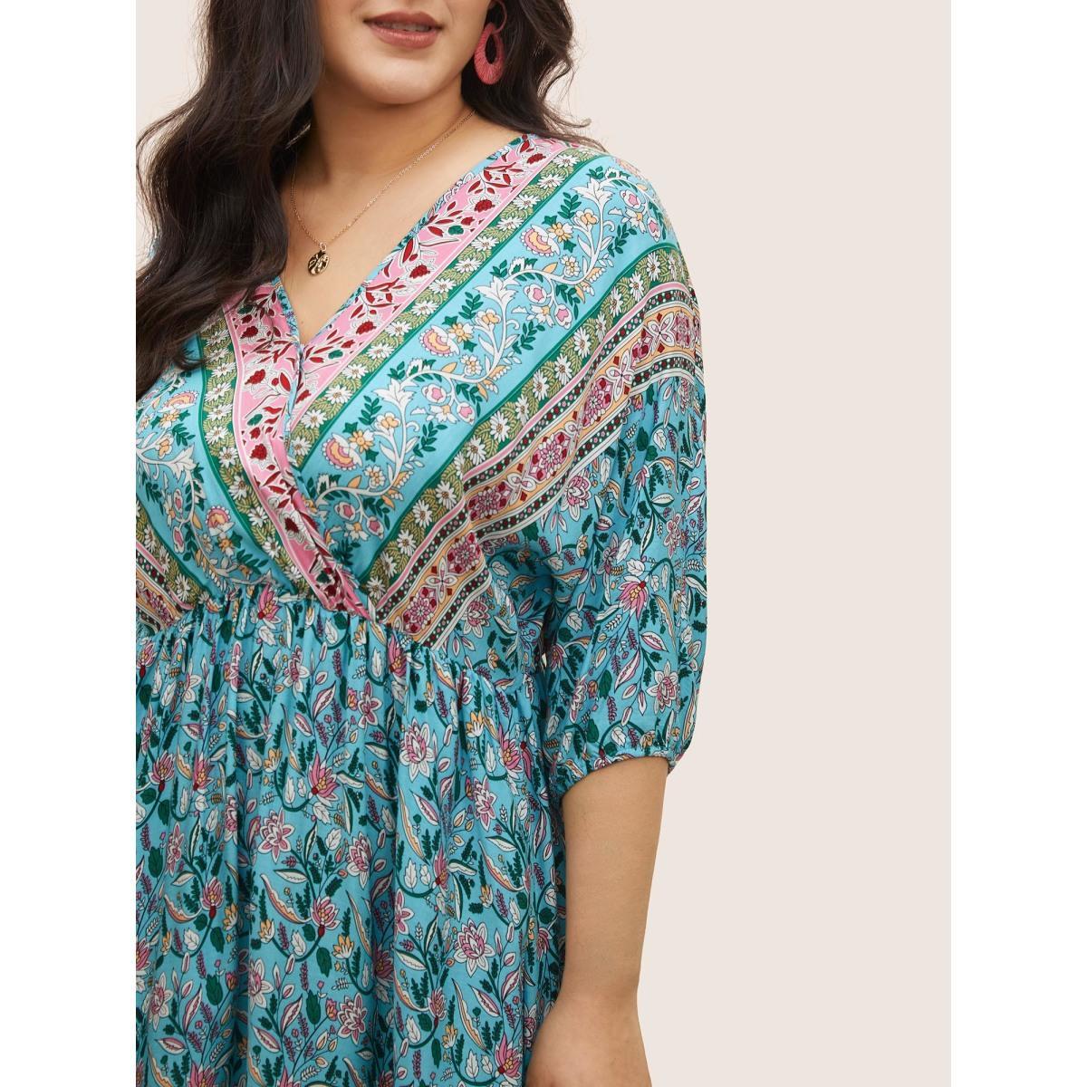 Plus Size Boho Print Wrap Elastic Waist Lantern Sleeve Dress Turquoise Women Resort Overlapping Overlap Collar Elbow-length sleeve Curvy Midi Dress BloomChic 12/L Product Image