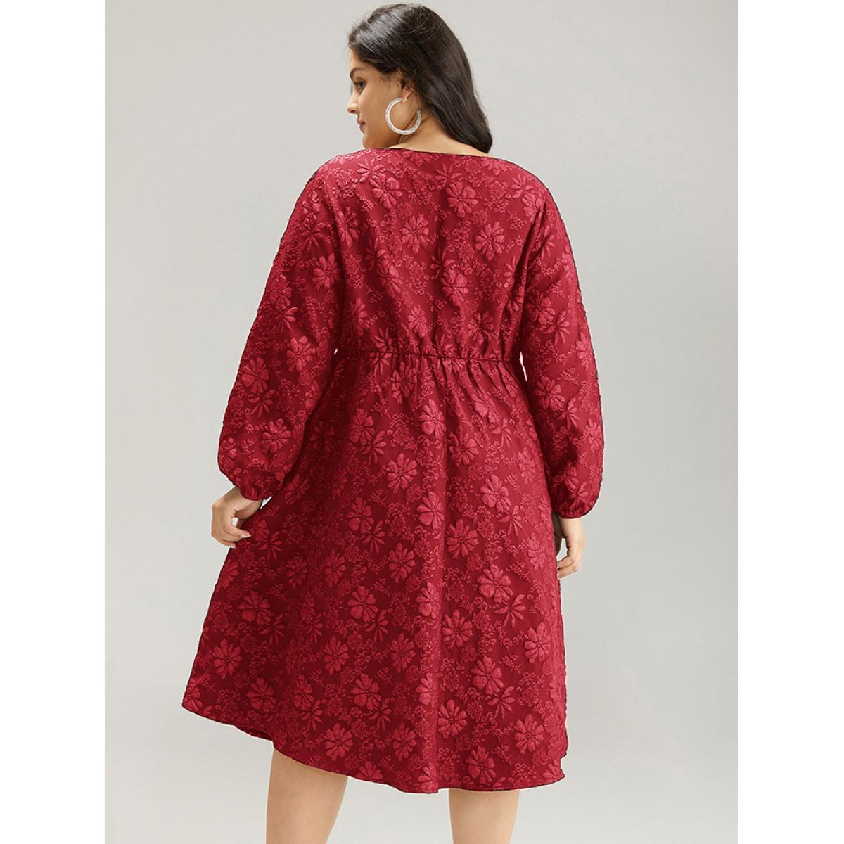 Plus Size Floral Print Plisse Pocket Lantern Sleeve Dress Raspberry Women Cocktail Elastic cuffs Square Neck Long Sleeve Curvy Midi Dress BloomChic 22-24/3X Product Image