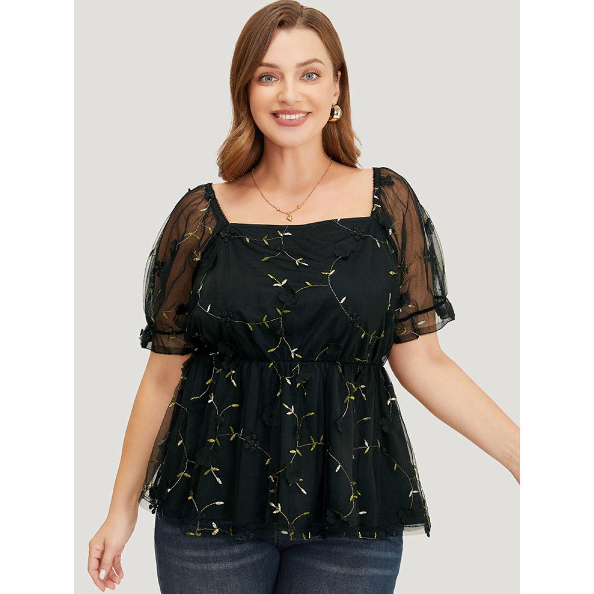 Plus Size BlackFlower Plant Embroidered Appliques Mesh Puff Sleeve Blouse Women Party Short sleeve Square Neck Going out Blouses BloomChic 30/6X Product Image