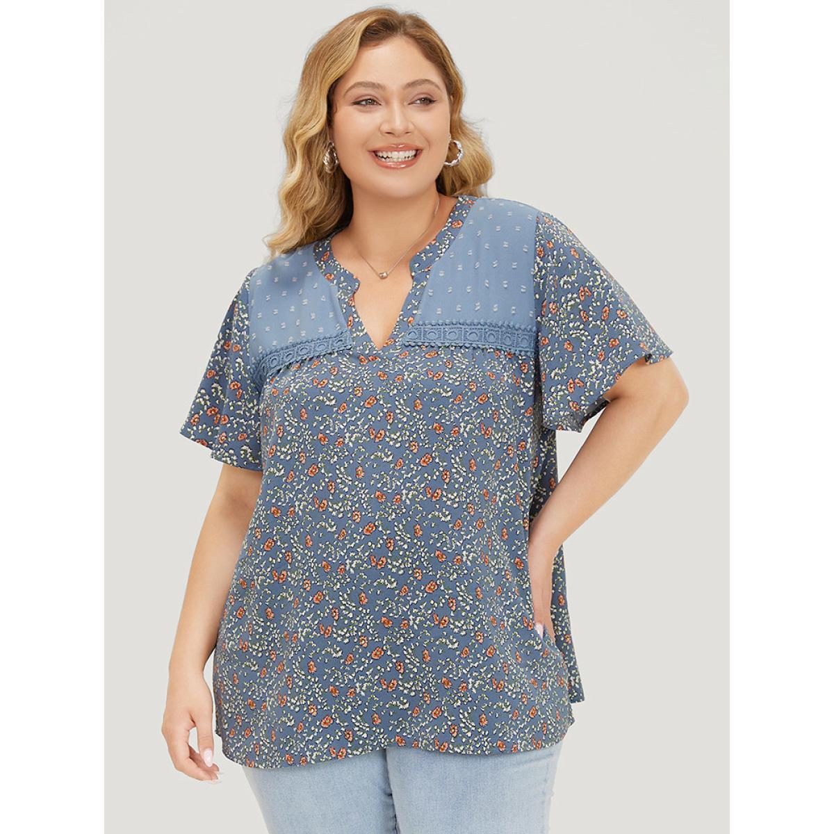 Plus Size Stone Ditsy Floral & Polka Dot Lace Notched Neck Blouse Women Elegant Short sleeve Notched collar Dailywear Blouses BloomChic 14-16/1X Product Image