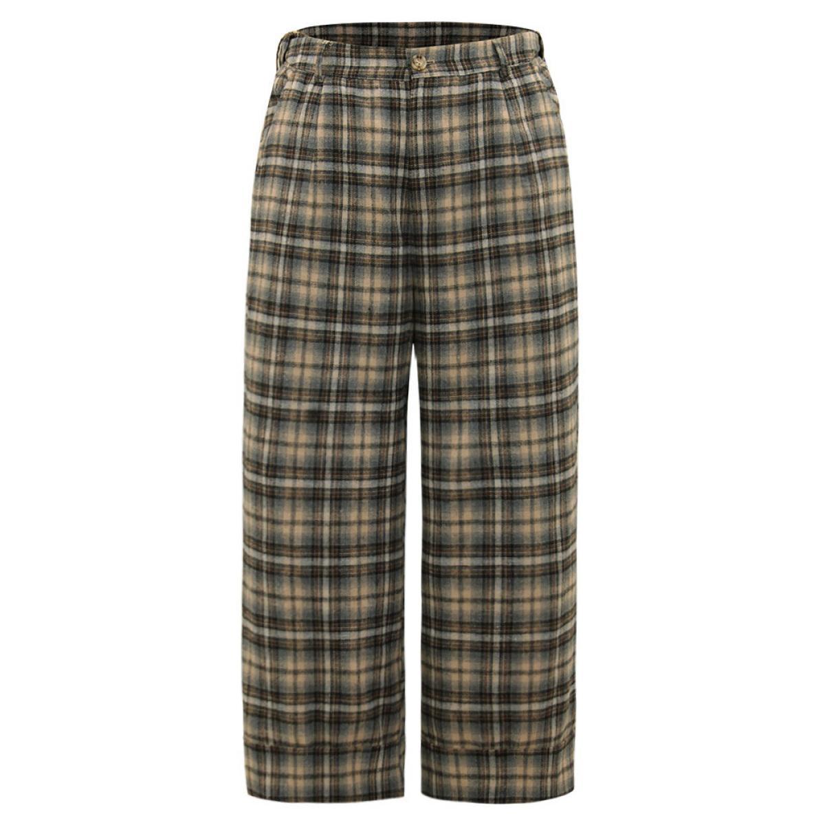 Plus Size Plaid Button Detail Straight Leg Pants Women LightBrown Office Straight Leg High Rise Work Pants BloomChic 22-24/3X Product Image