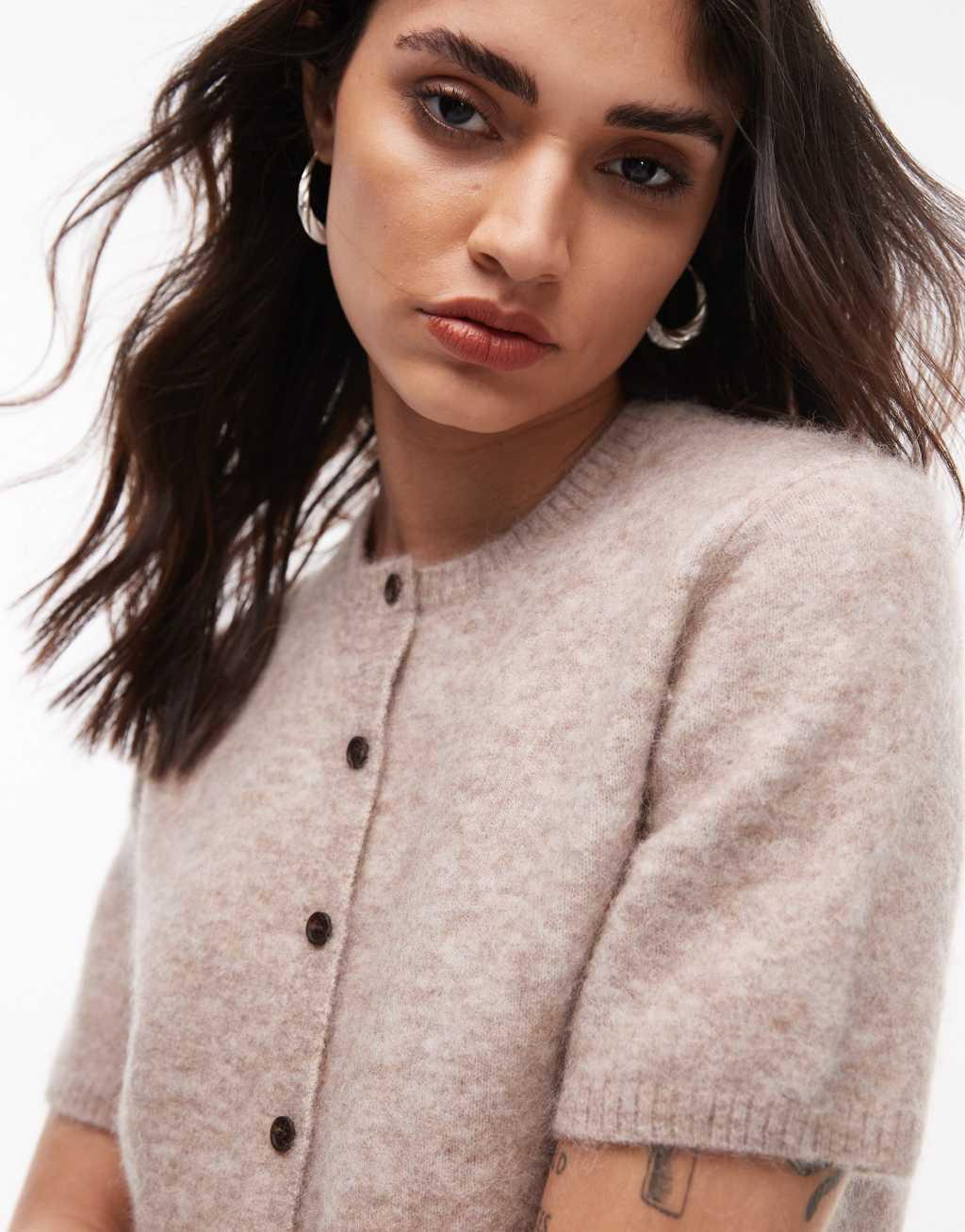 ARKET alpaca wool blend cardigan with short sleeves in beige Product Image
