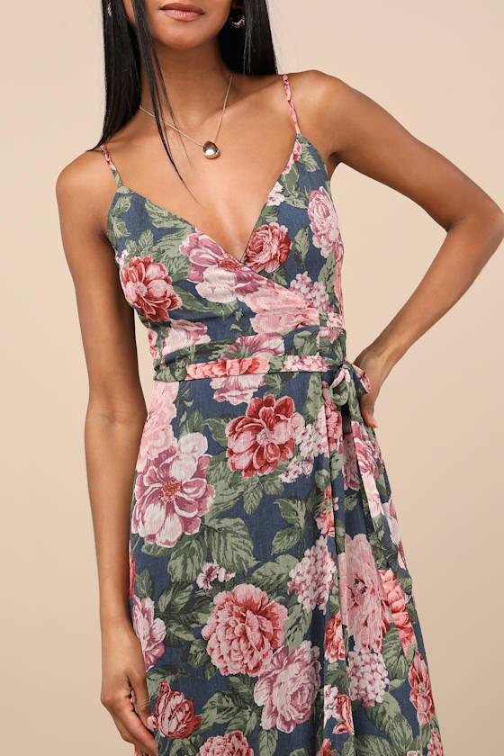 Delightfully Divine Navy Blue Floral Chiffon Wrap Midi Dress Product Image