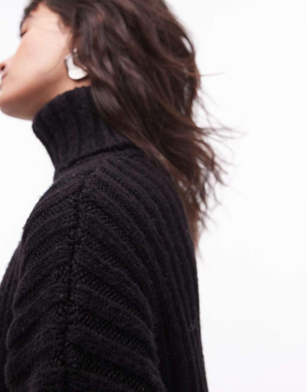 Topshop knitted roll neck rib crop sweater in black Product Image