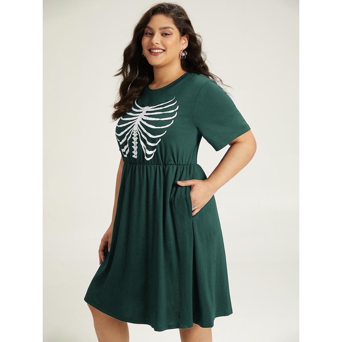 Plus Size Halloween Skull Print Pocket Elastic Waist Dress DarkGreen Women Casual Gathered Curvy Midi Dress BloomChic 22-24/3X Product Image