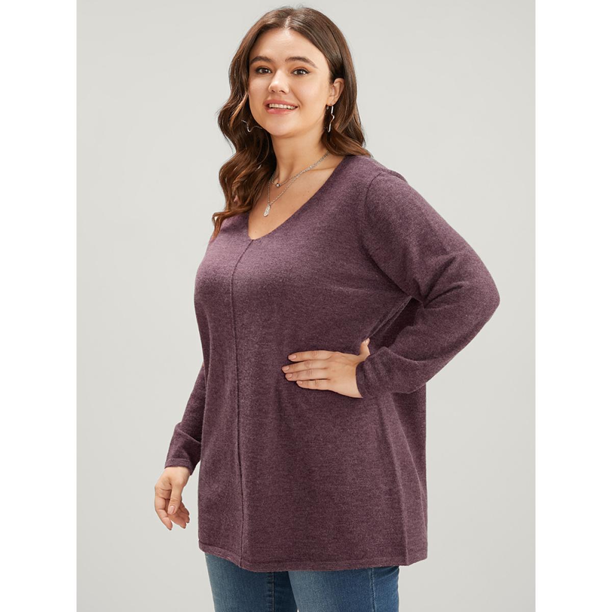 Plus Size Solid Pointelle Knit V Neck Heather Knit Top Russet Women Casual Loose Long Sleeve V-neck Dailywear Pullovers BloomChic 26/4X Product Image