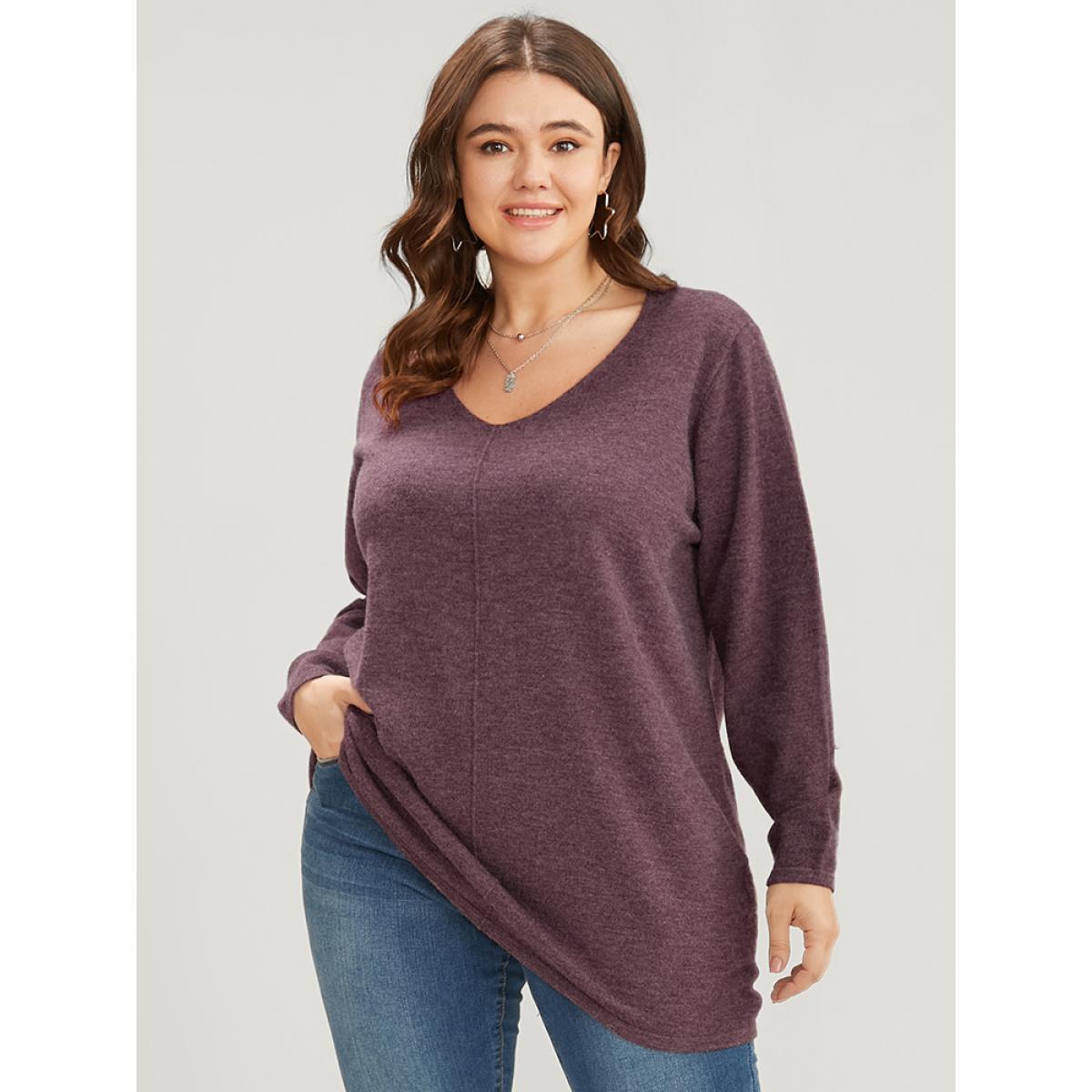 Plus Size Solid Pointelle Knit V Neck Heather Knit Top Russet Women Casual Loose Long Sleeve V-neck Dailywear Pullovers BloomChic 26/4X Product Image