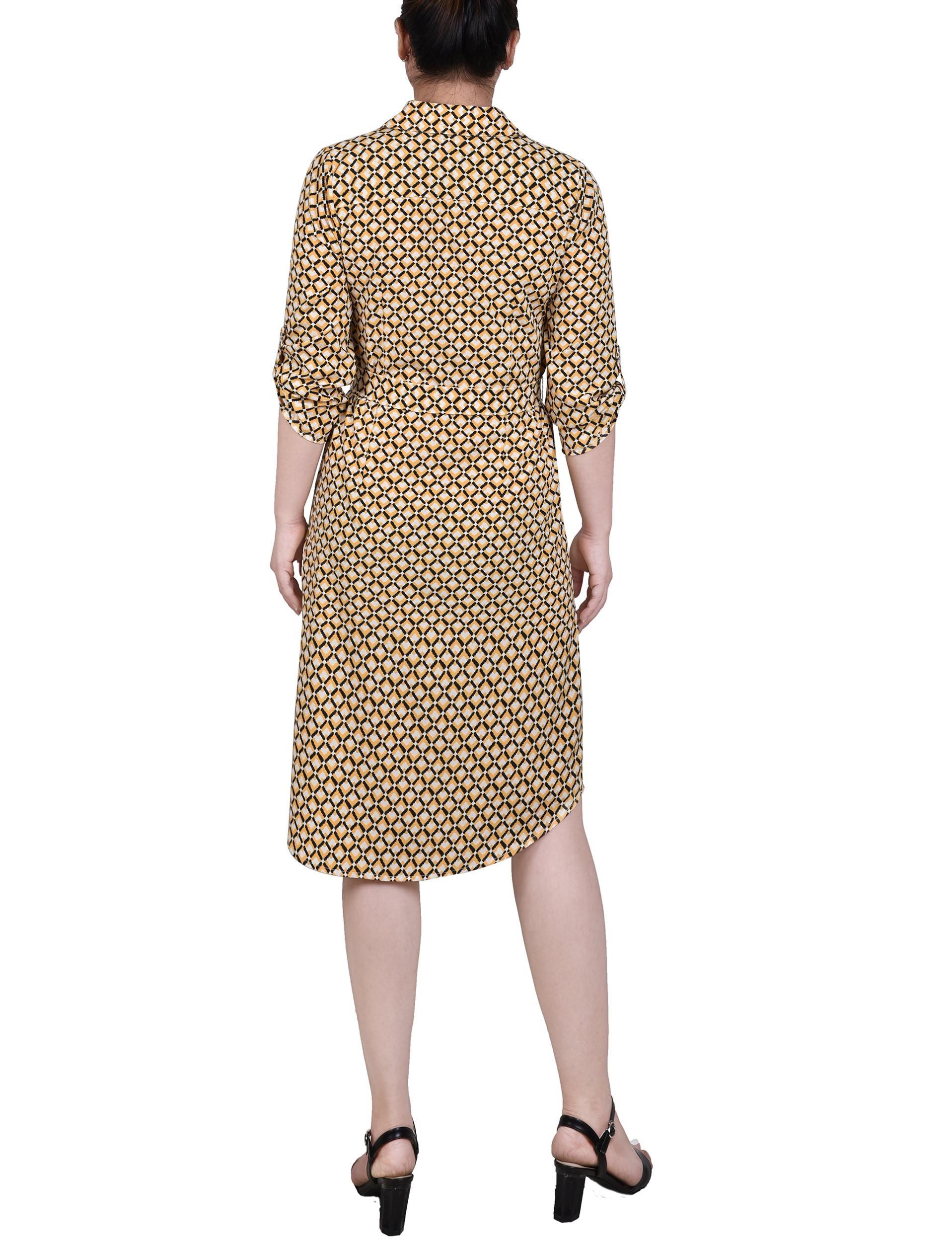Yellow White Black Diamond 3/4 Roll Tab Sleeve Zippered Shirtdress Product Image