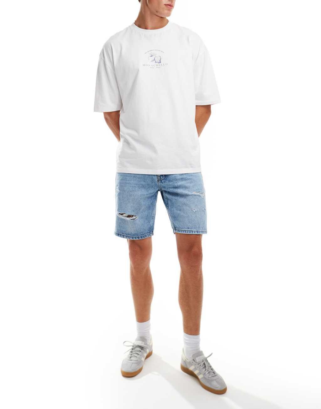 ONLY & SONS regular fit distressed denim shorts in light blue wash Product Image