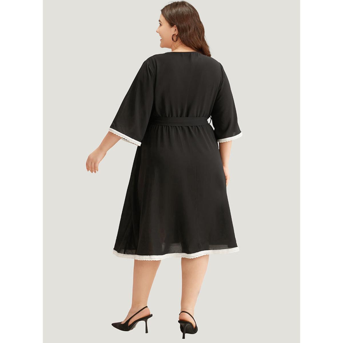 Plus Size V Neck Pocket Patchwork Contrast Belted Dress Black Women Elegant Plain V-neck Elbow-length sleeve Curvy Midi Dress BloomChic 18-20/2X Product Image