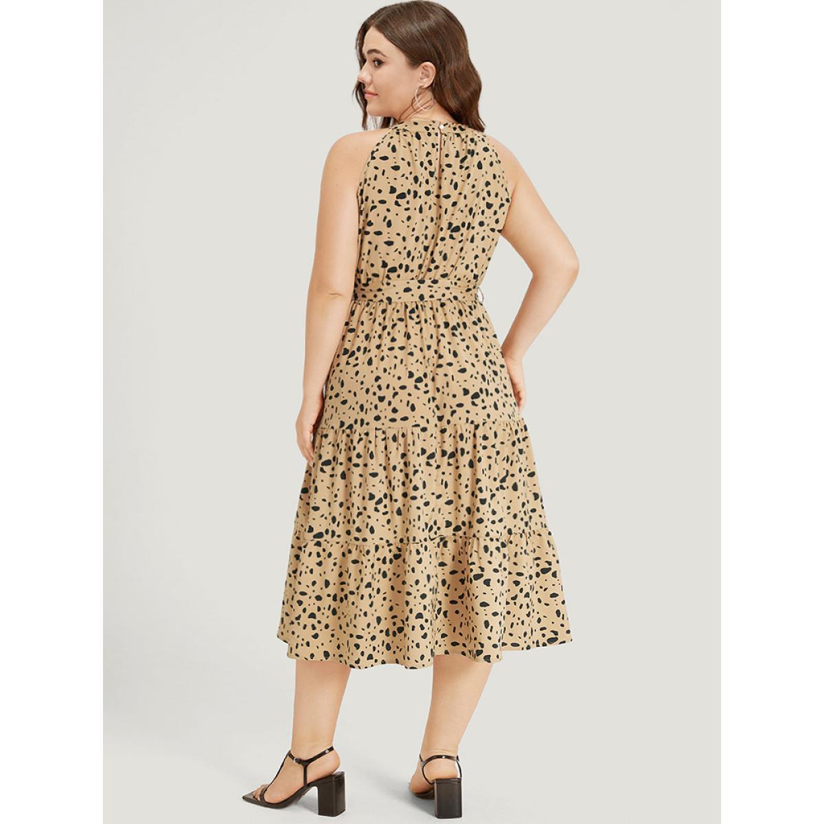 Plus Size Leopard Print Halter Pocket Belted Ruffle Hem Dress Bronze Women Elegant Gathered Halter neck Sleeveless Curvy Midi Dress BloomChic 14-16/1X Product Image