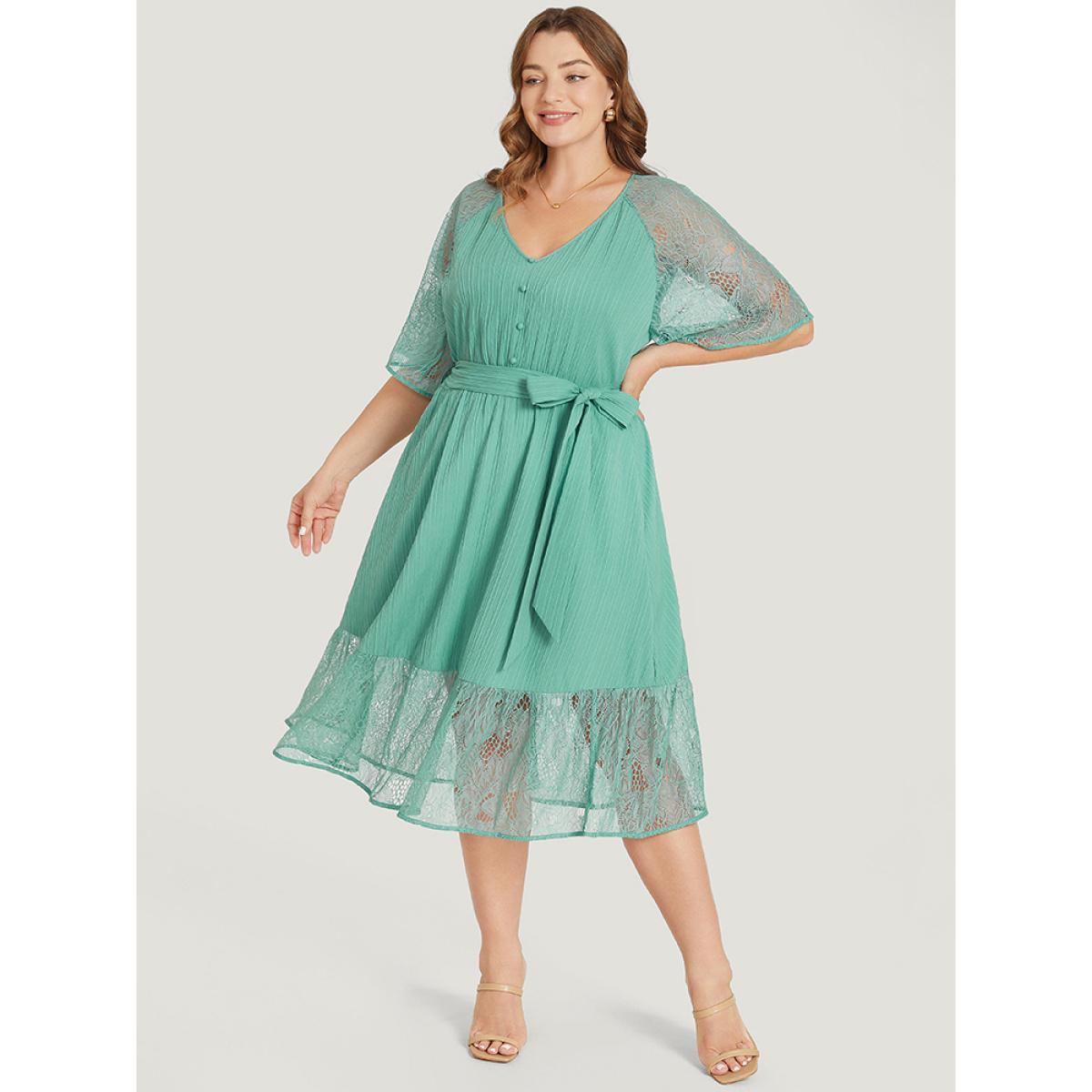 Plus Size Plain Pocket Lace Raglan Sleeve Ruffle Belted Plisse Dress Mint Women Office Plain V-neck Short sleeve Curvy Midi Dress BloomChic 18-20/2X Product Image