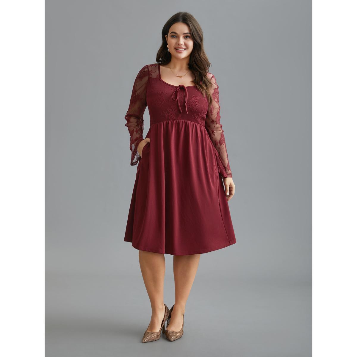 Plus Size Crochet Lace Mesh Bell Sleeve Dress Scarlet Women Elegant Woven ribbon&lace trim Heart neckline Long Sleeve Curvy BloomChic 22-24/3X Product Image