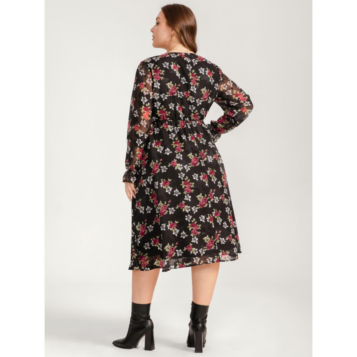 Plus Size Floral Mesh Lantern Sleeve Pocket Flutter Dress Black Women Dating V-neck Long Sleeve Curvy Midi Dress BloomChic 30/6X Product Image
