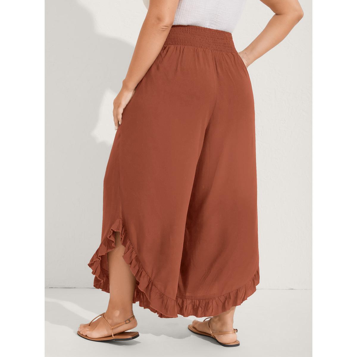 Plus Size Ruffled Curvy Hem Wide-Leg Pants Women Plum Resort Wide Leg Mid Rise Vacation Pants BloomChic 10/M Product Image