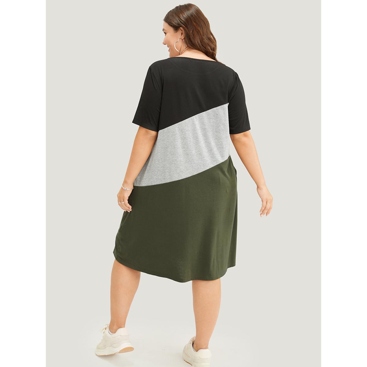 Plus Size Colorblock Contrast Pocket Round Neck Knee Dress ArmyGreen Women Casual Contrast Round Neck Short sleeve Curvy Knee Dress BloomChic 14-16/1X Product Image