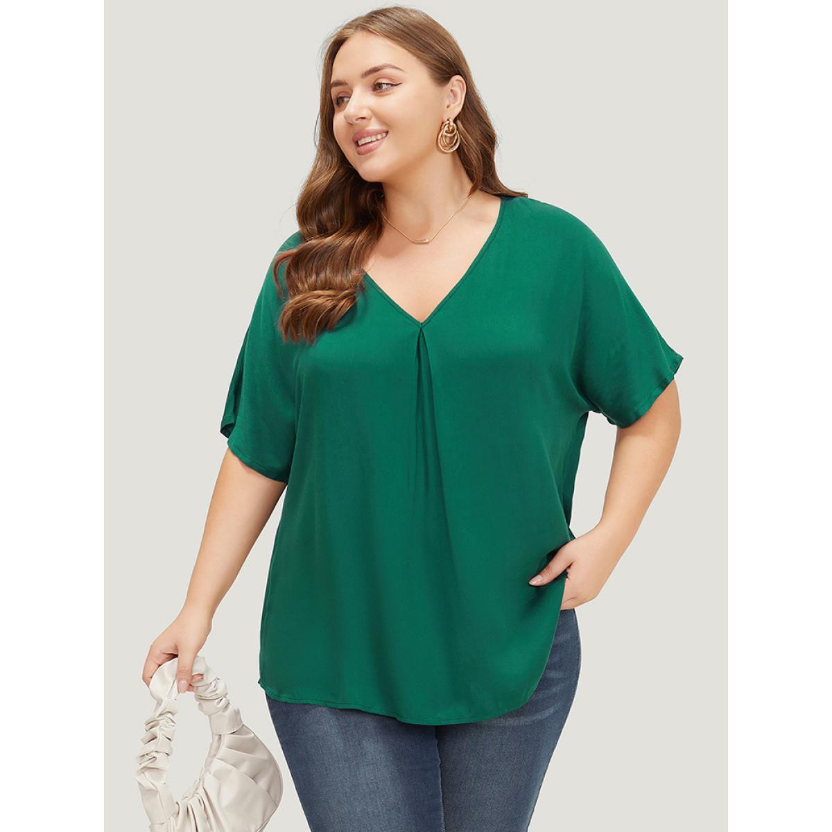 Plus Size ArmyGreen Plain Plicated Detail Batwing Sleeve Curved Hem Blouse Women Office Short sleeve V-neck Work Blouses BloomChic 12/L Product Image