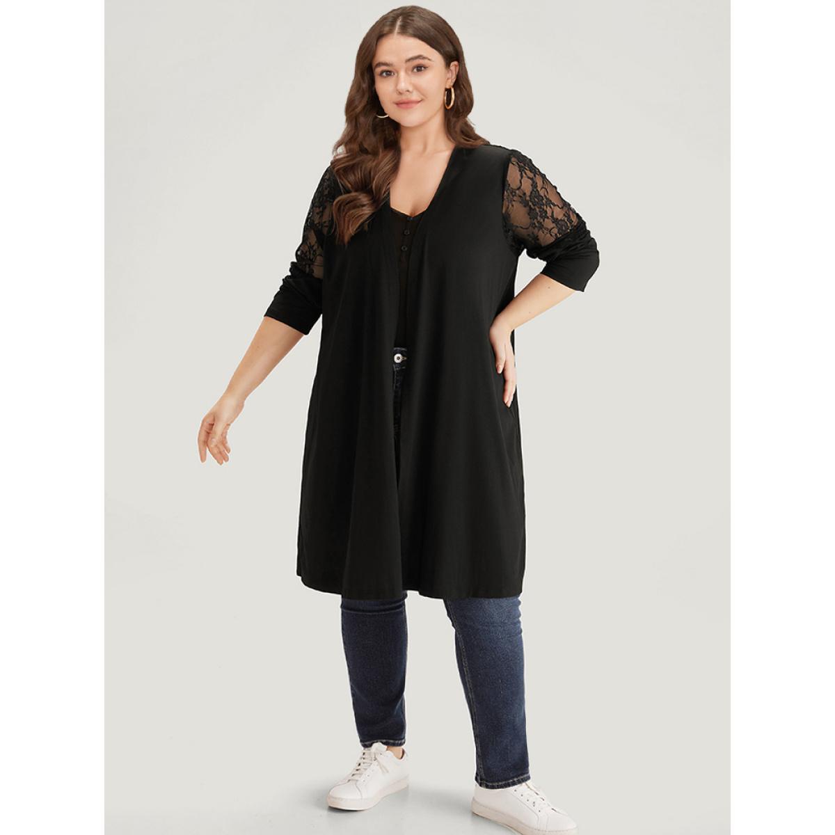 Plus Size Supersoft Essentials Solid Crochet Lace Mesh Drape Open Front Coat Women Black Casual Drape Ladies Dailywear Winter Coats BloomChic 12/L Product Image