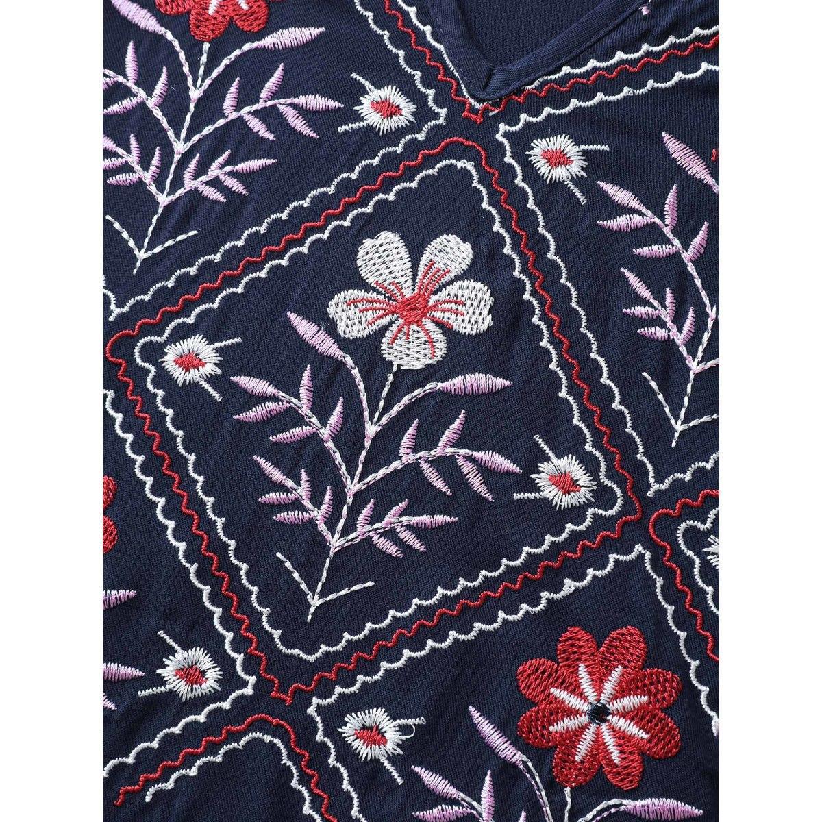 Plus Size Floral Embroidery Pockets Midi Dress DarkBlue Women Notched collar Elbow-length sleeve Curvy BloomChic 12/L Product Image