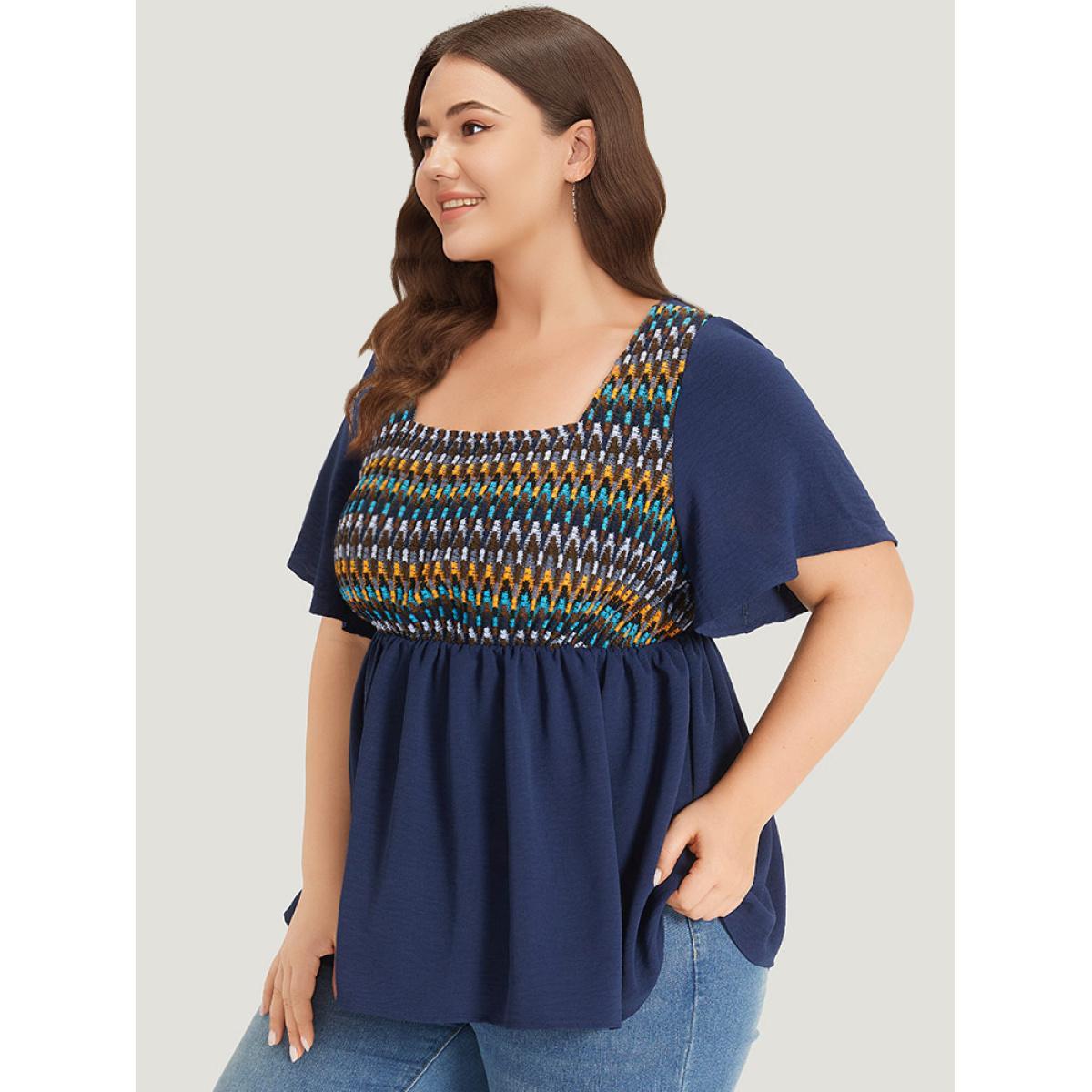 Plus Size Indigo Knit Patchwork Gathered Flutter Sleeve Blouse Women Elegant Short sleeve Square Neck Dailywear Blouses BloomChic 28/5X Product Image