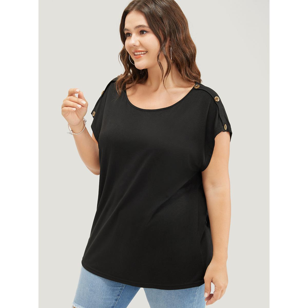 Plus Size Solid Button Detail Round Neck Batwing Sleeve T-shirt Black Women Casual Plain Round Neck Dailywear T-shirts BloomChic 30/6X Product Image