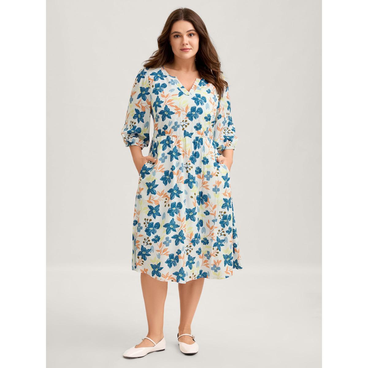 Plus Size Rayon Floral Stretchy Waist Pockets Midi Dress Multicolor Women Flat collar with V-notch Elbow-length sleeve Curvy BloomChic 26/4X Product Image