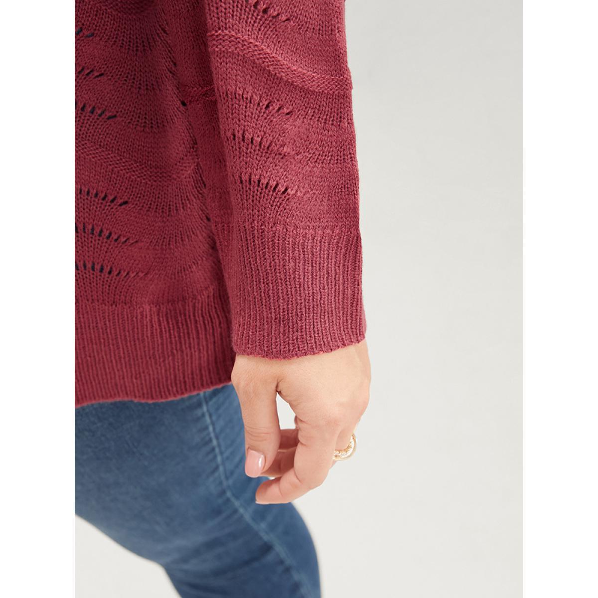 Plus Size Plain Pointelle Knit Water Ripple Eyelet Knit Top Scarlet Women Casual Loose Long Sleeve V-neck Dailywear Pullovers BloomChic 30/6X Product Image