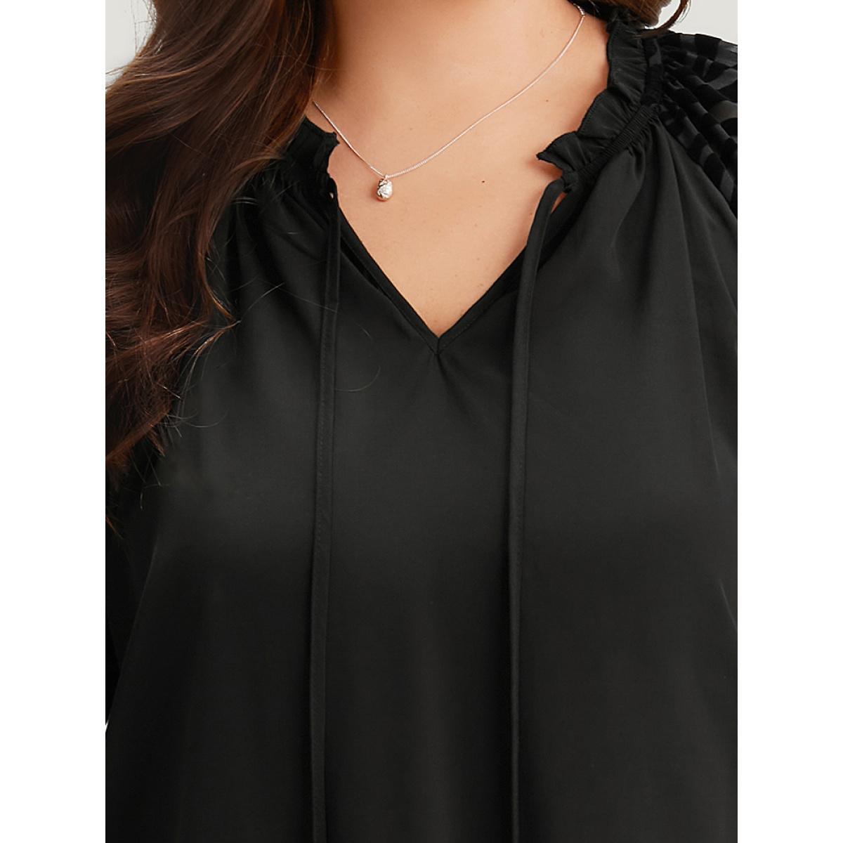 Plus Size Black Halloween Zebra Print Tie Neck Frill Trim Patchwork Blouse Women Elegant Long Sleeve Tie Neck Dailywear Blouses BloomChic 30/6X Product Image