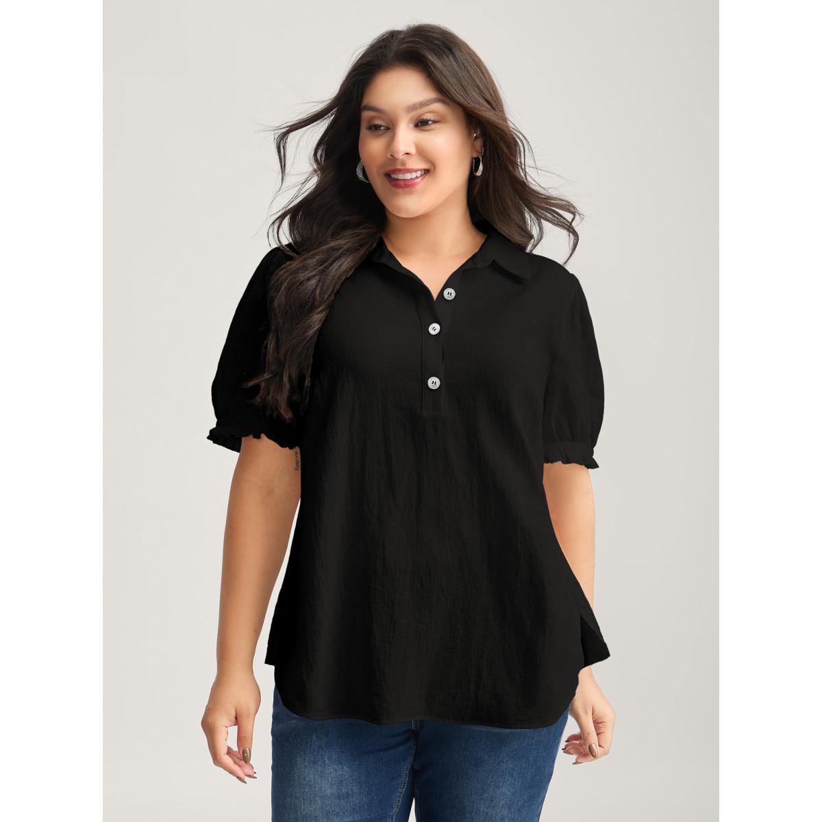 Plus Size Black Pure Cotton Ruffled Puffy Sleeve Blouse Women Short sleeve Shirt collar Work Blouses BloomChic 30/6X Product Image