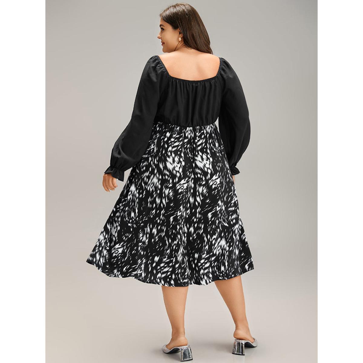 Plus Size Square Neck Brush Print Patchwork Split Hem Dress BlackFlower Women At the Office Elastic cuffs Square Neck Half Sleeve Curvy Midi Dress BloomChic 22-24/3X Product Image