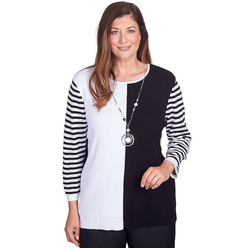 Alfred Dunner Womens World Traveler Colorblock Striped Sleeve Sweater with Necklace Product Image